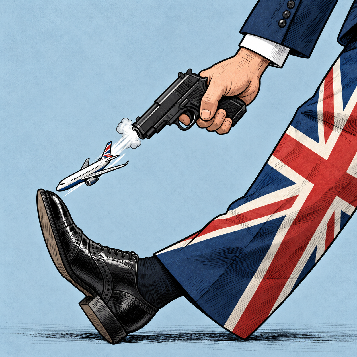Editorial illustration of a Union Jack-clad figure firing an aeroplane towards its own foot.