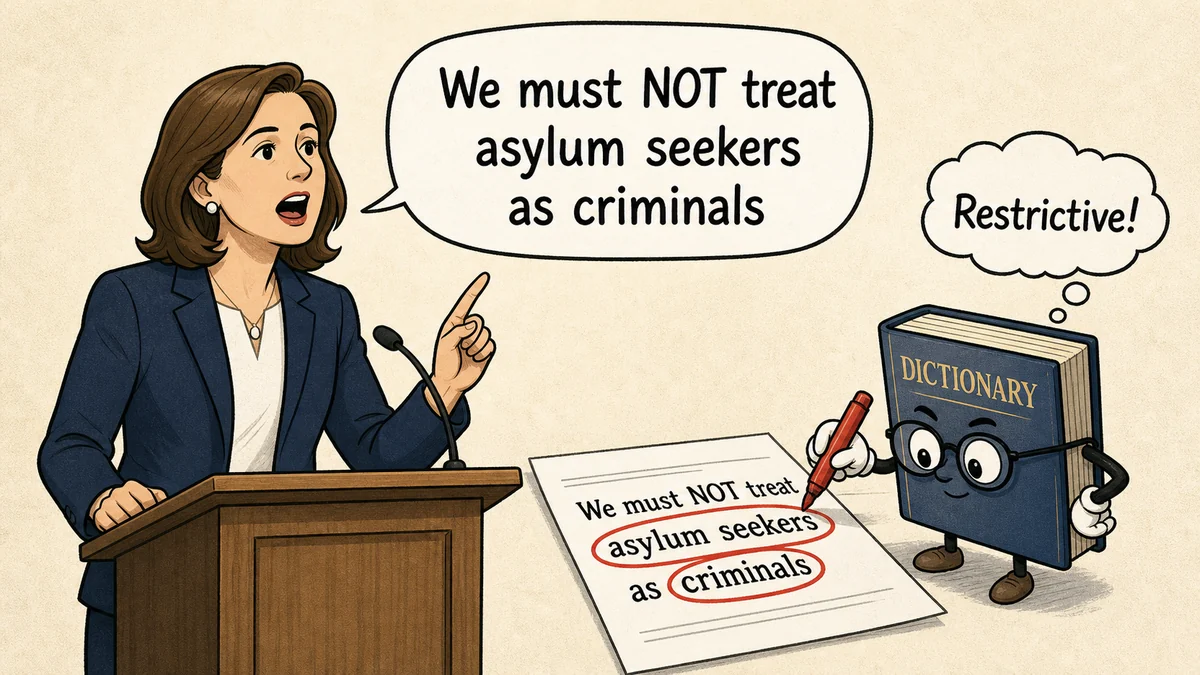 Cartoon: MP says 'We must NOT treat asylum seekers as criminals.' Dictionary character circles only 'asylum seekers' and 'criminals' and thinks: 'Restrictive!'