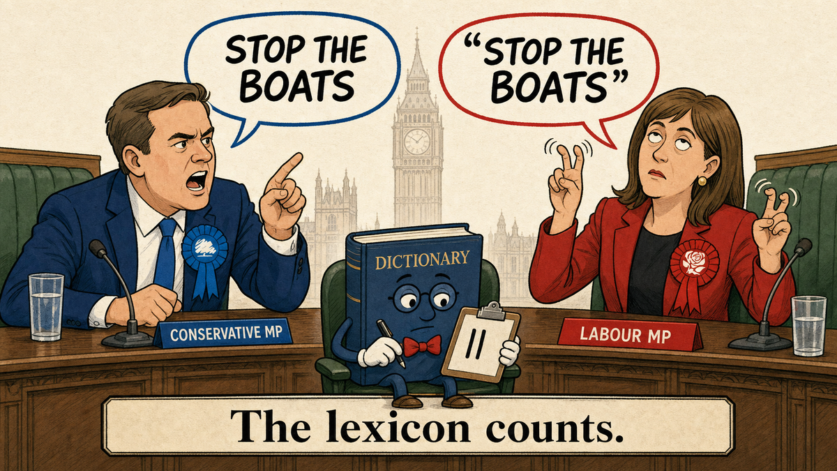 Cartoon: Conservative MP says 'STOP THE BOATS' earnestly while Labour MP says the same phrase with air quotes and an eye roll. A dictionary character on the table holds a clipboard with two tally marks. Caption: 'The lexicon counts.'