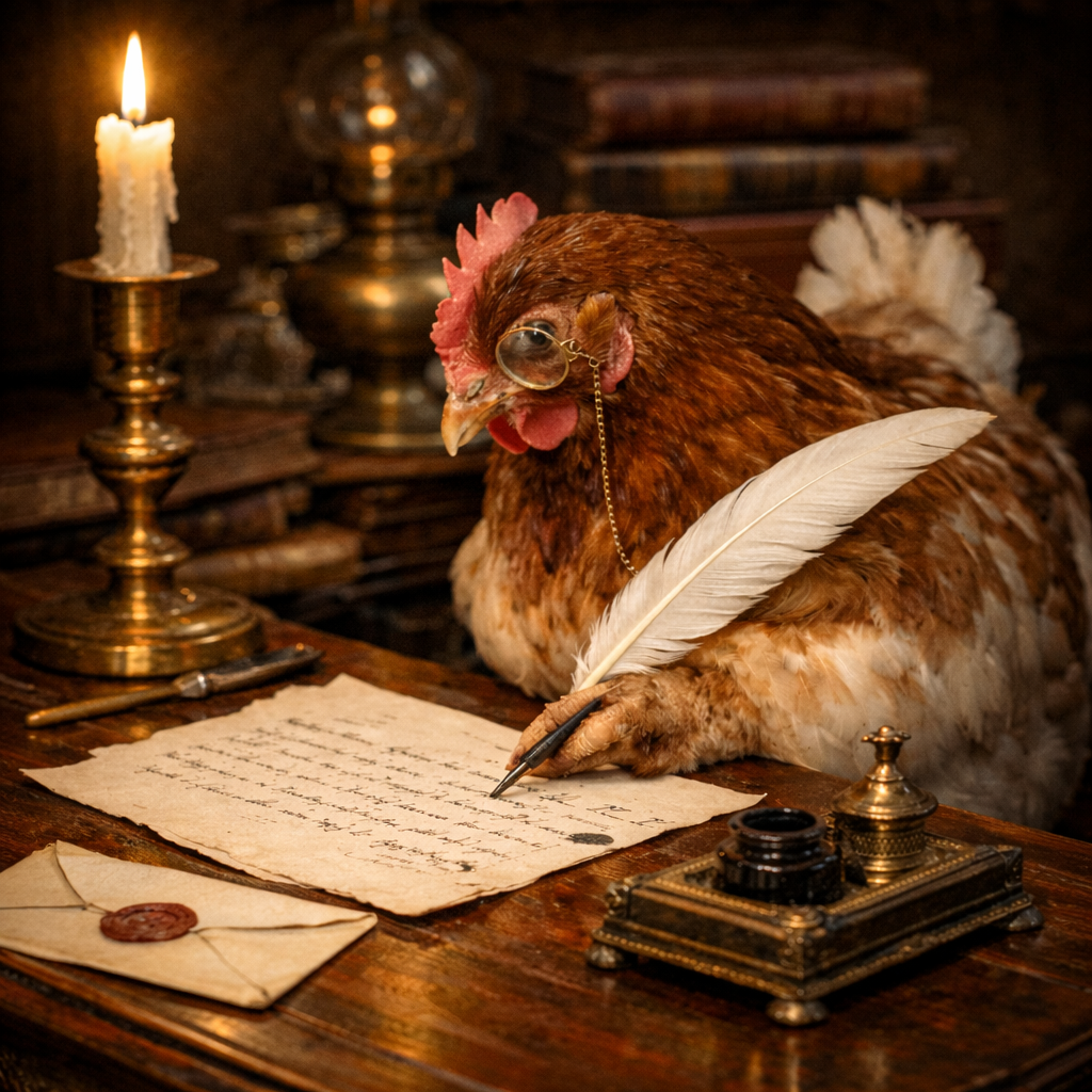 A hen wearing spectacles and writing a letter with a quill at a wooden desk.