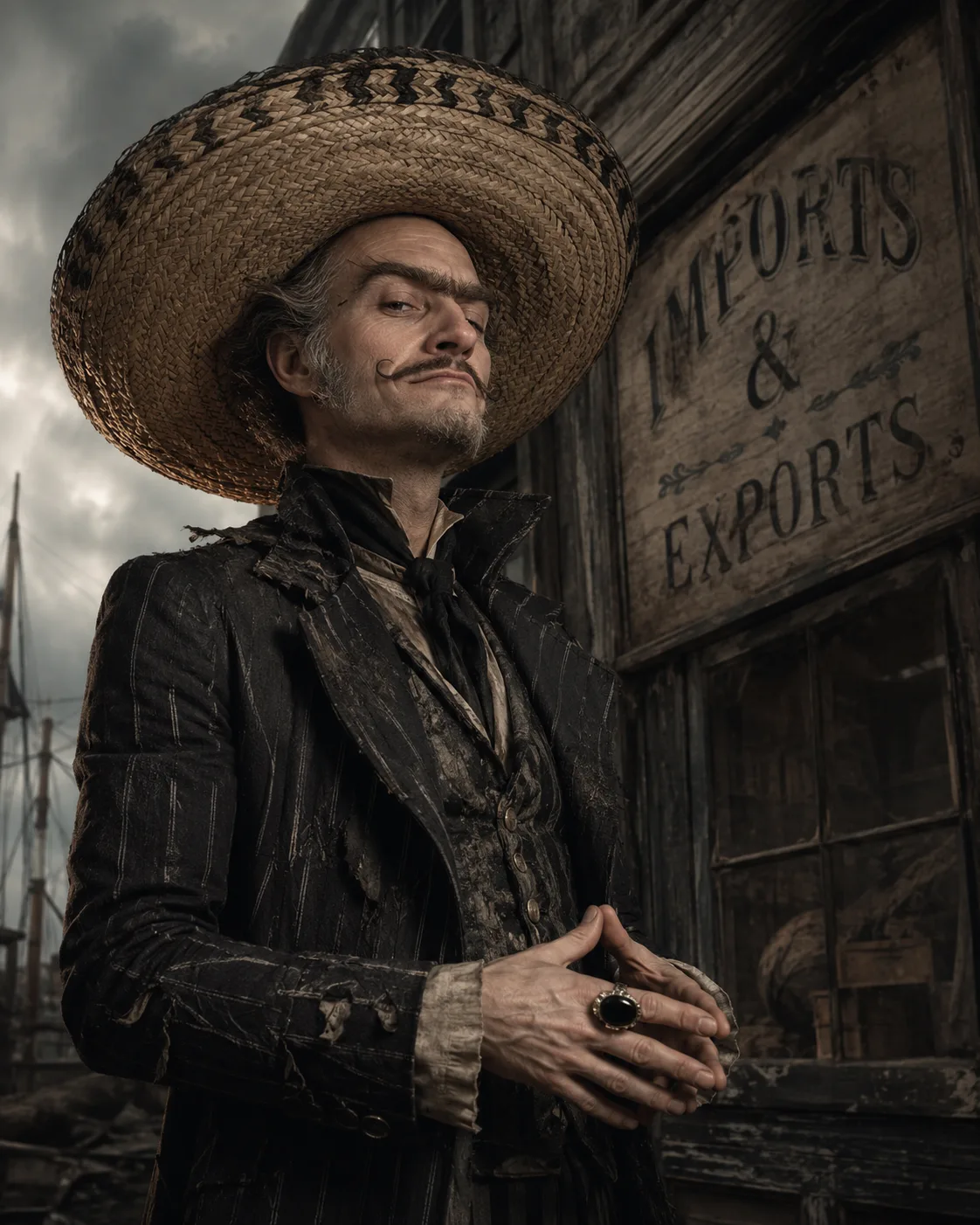 An illustrated Victorian-style villain in a tattered pinstripe coat and an oversized sombrero, smirking in front of a weathered storefront sign reading Imports & Exports.