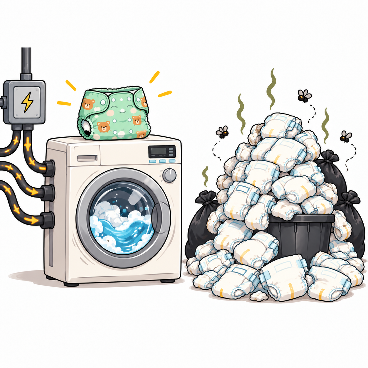 A reusable nappy on a washing machine beside a bin overflowing with disposable nappies.
