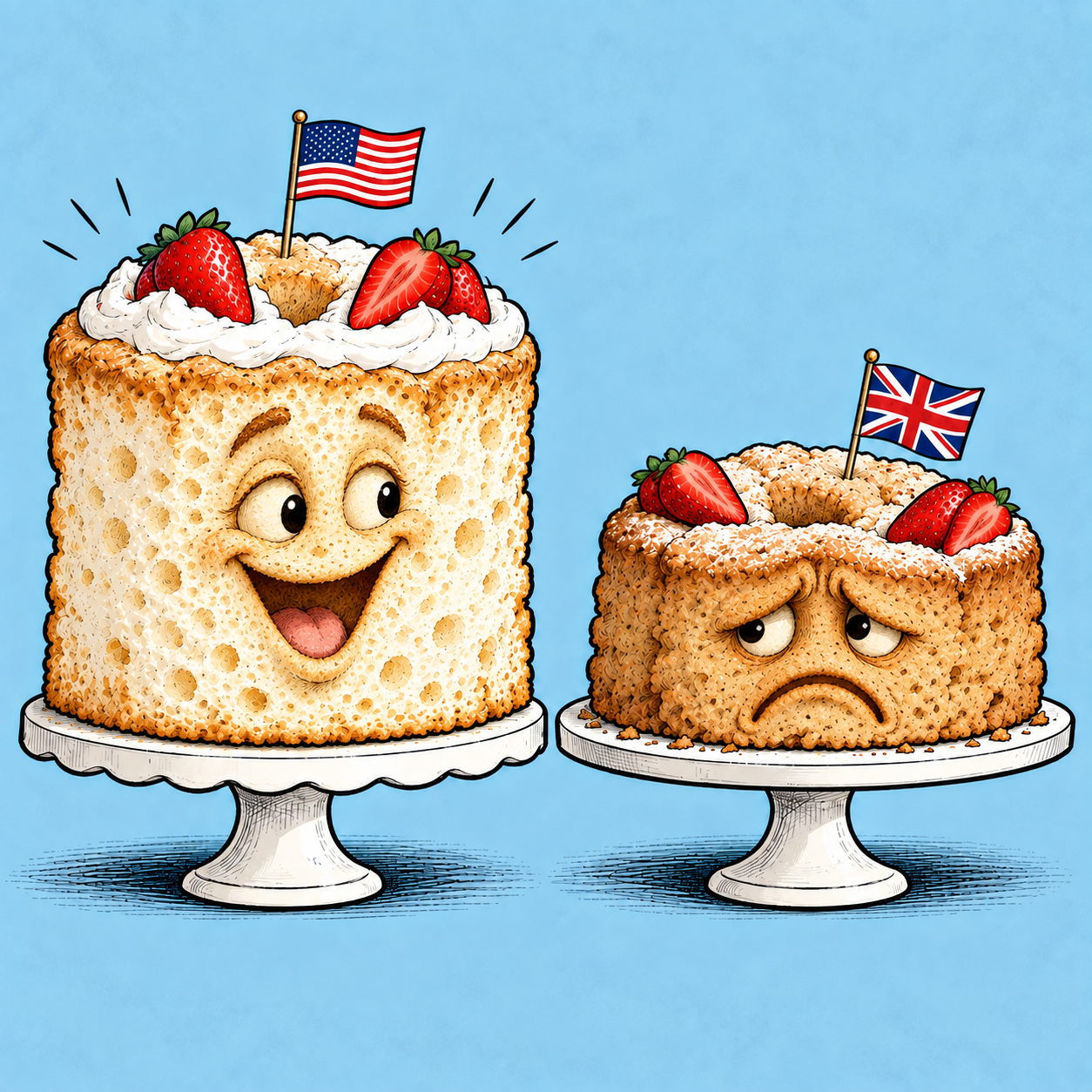 Illustration of a tall, smiling angel food cake with an American flag beside a shorter, frowning cake with a British flag, both topped with strawberries.