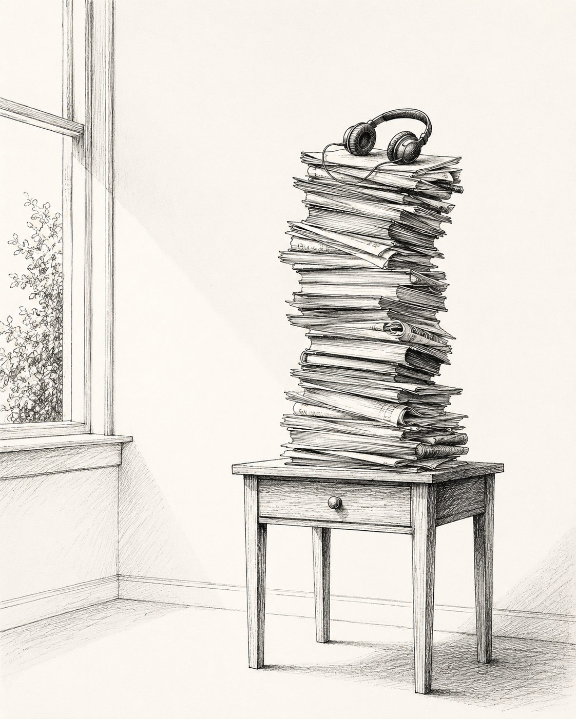 A pen-and-ink drawing of a tall stack of newspapers with headphones resting on top.