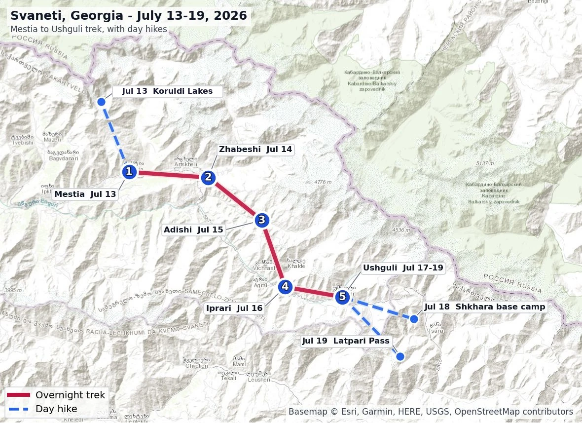 Map of the Mestia to Ushguli trek with overnight stops at Zhabeshi, Adishi, Iprari and Ushguli, and day hikes marked.