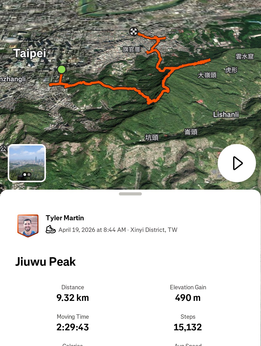Strava screenshot showing the Jiuwu Peak hike map, 9.32 kilometres and 490 metres of elevation gain.