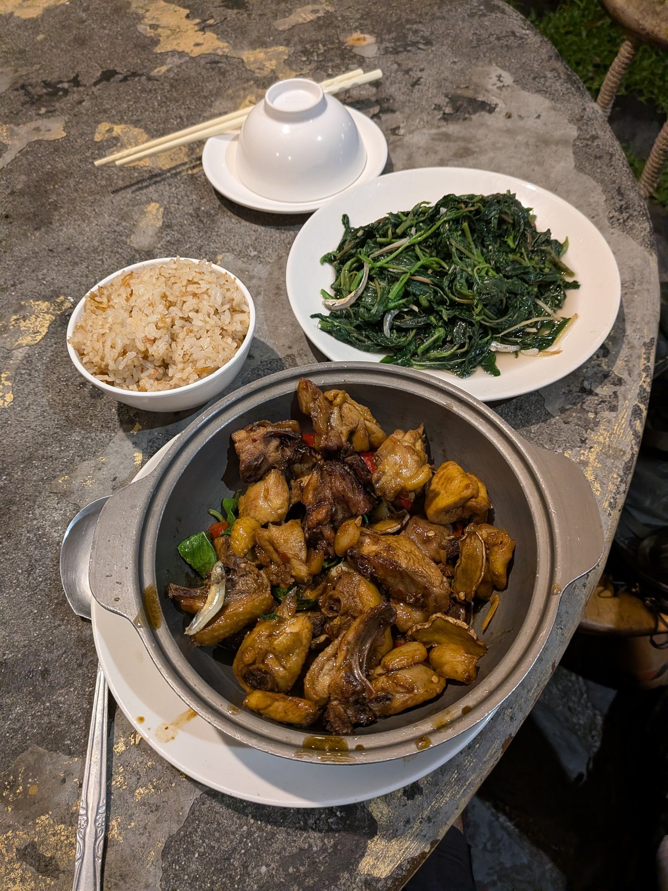 Family-style dishes at a tribal restaurant near Taitung.