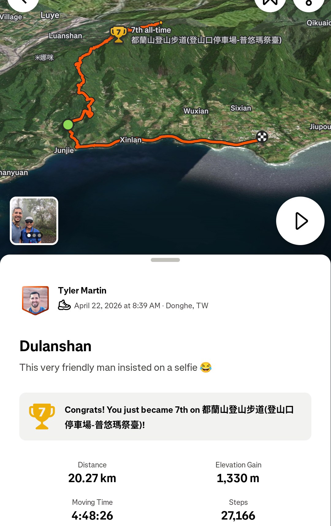 Strava screenshot showing the Dulanshan hike map, 20 kilometres and 1,330 metres of elevation gain.