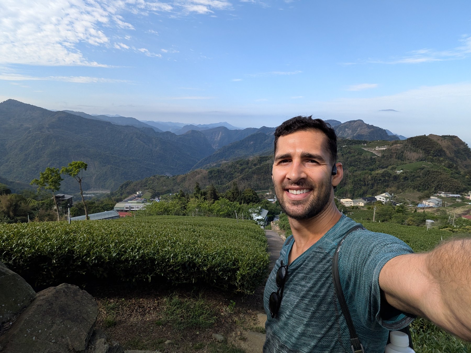 Morning selfie above tea terraces near Shizhuo.