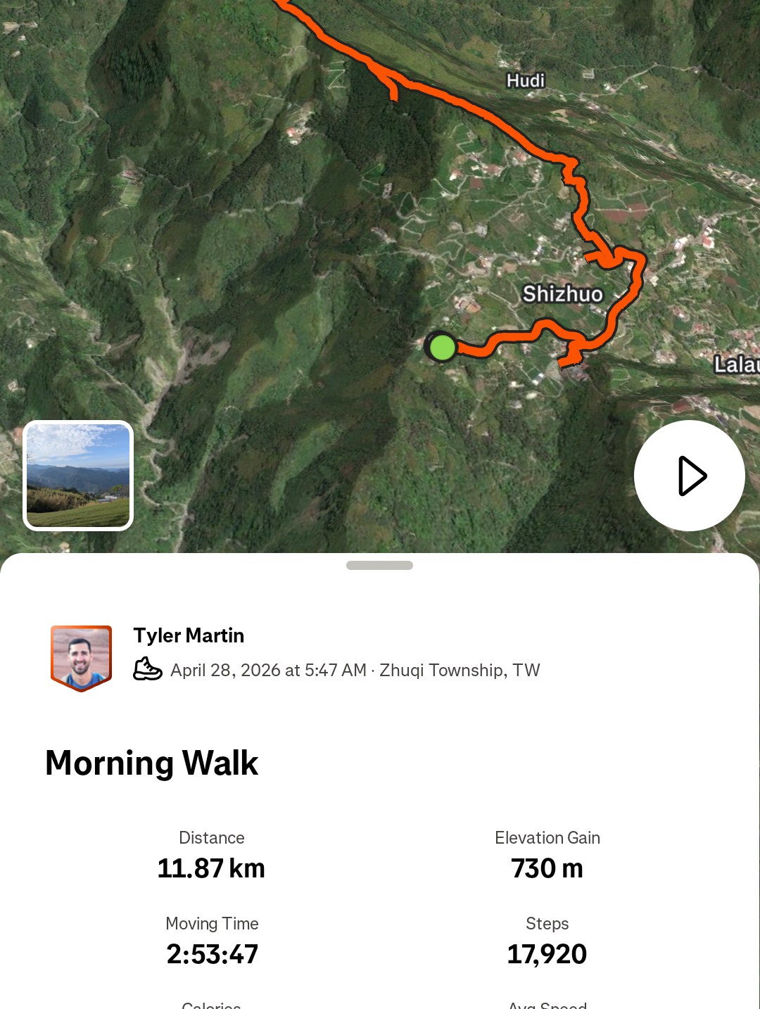 Strava screenshot showing the Shizhuo morning walk map, 11.87 kilometres and 730 metres of elevation gain.