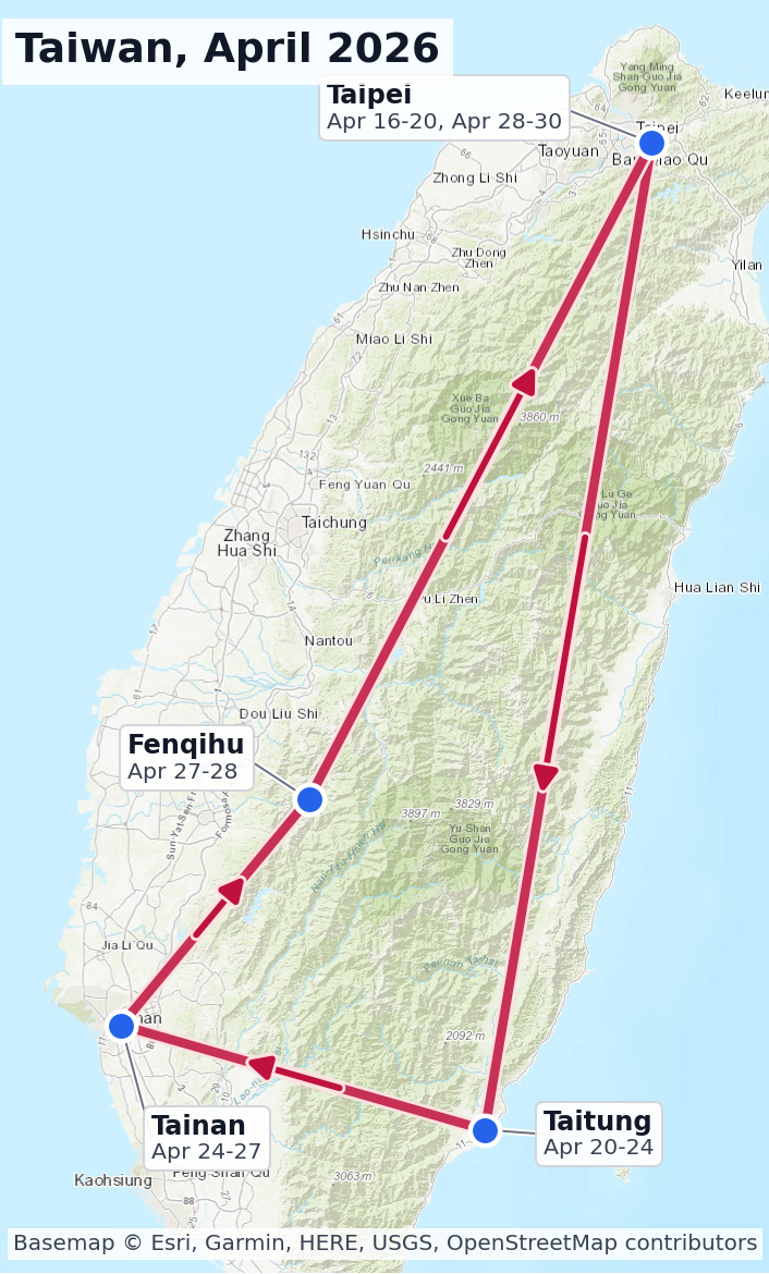 Map of the Taiwan route from Taipei to Taitung, Tainan, Fenqihu, and back to Taipei.