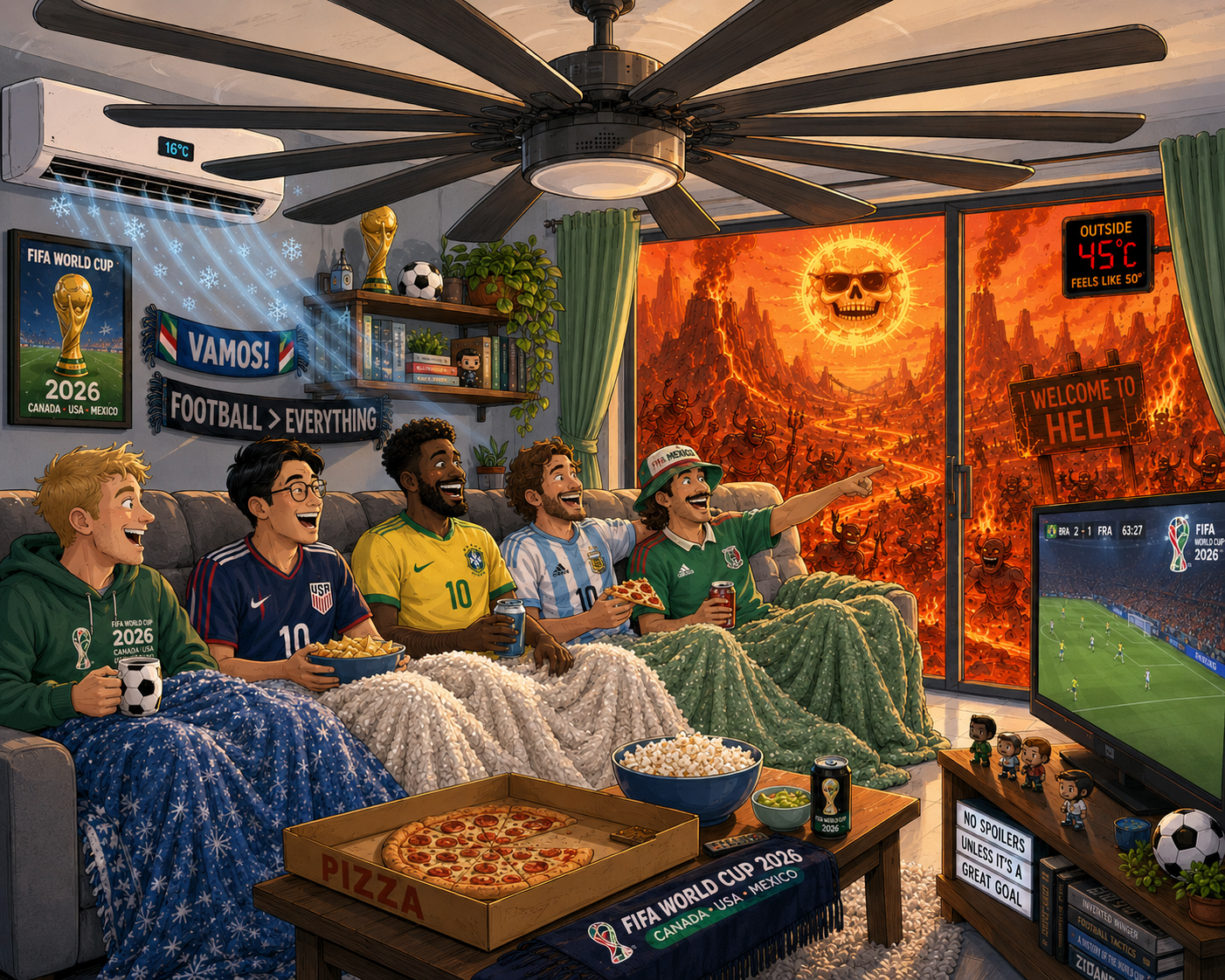 Illustrated friends in different World Cup jerseys watching a match under a blasting ceiling fan and AC, while a hellish 45°C landscape rages outside the window
