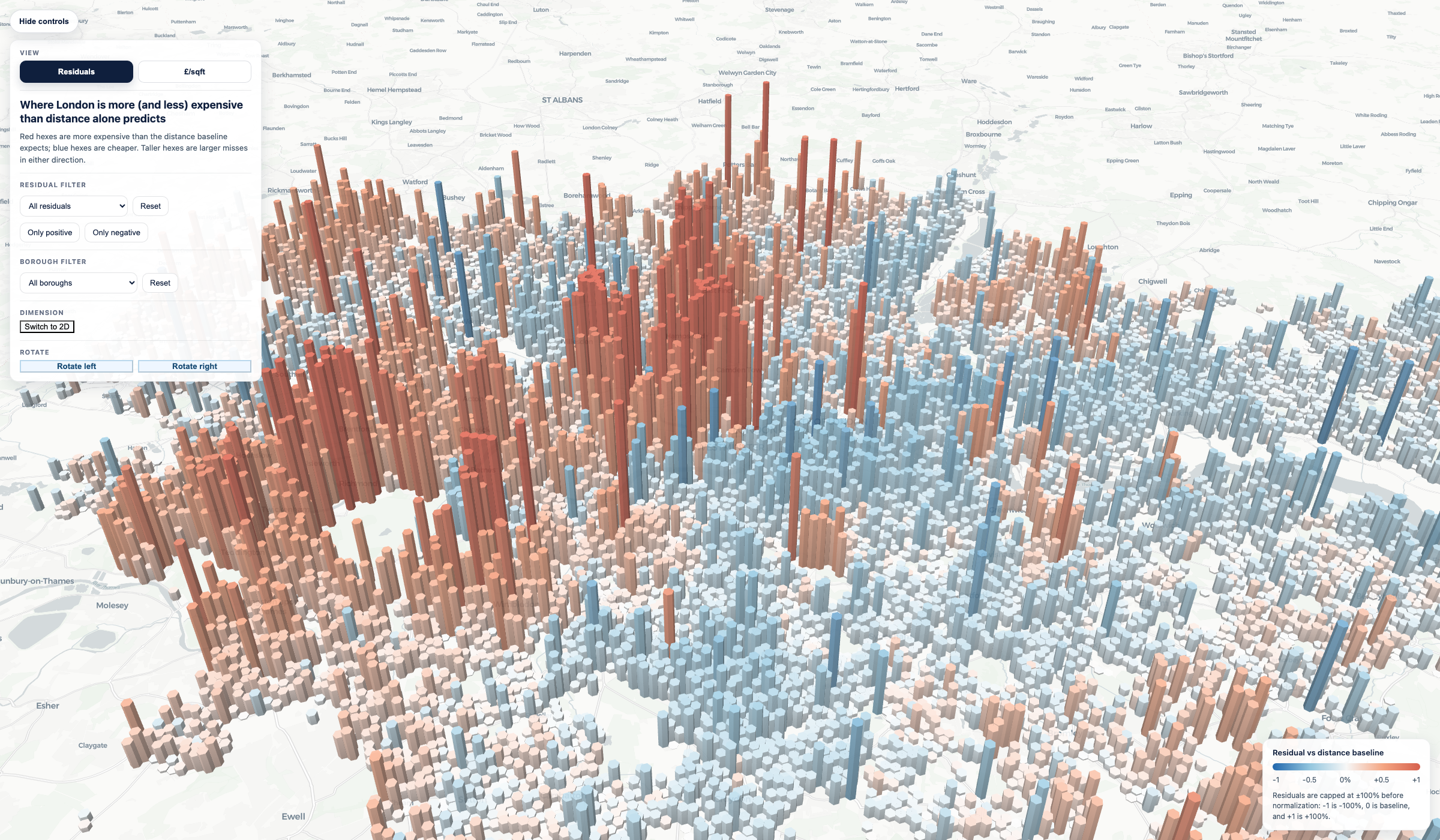 3D residual map of London. Red hexes cluster strongly in central west and along the Richmond corridor; blue hexes dominate inner south and east London.