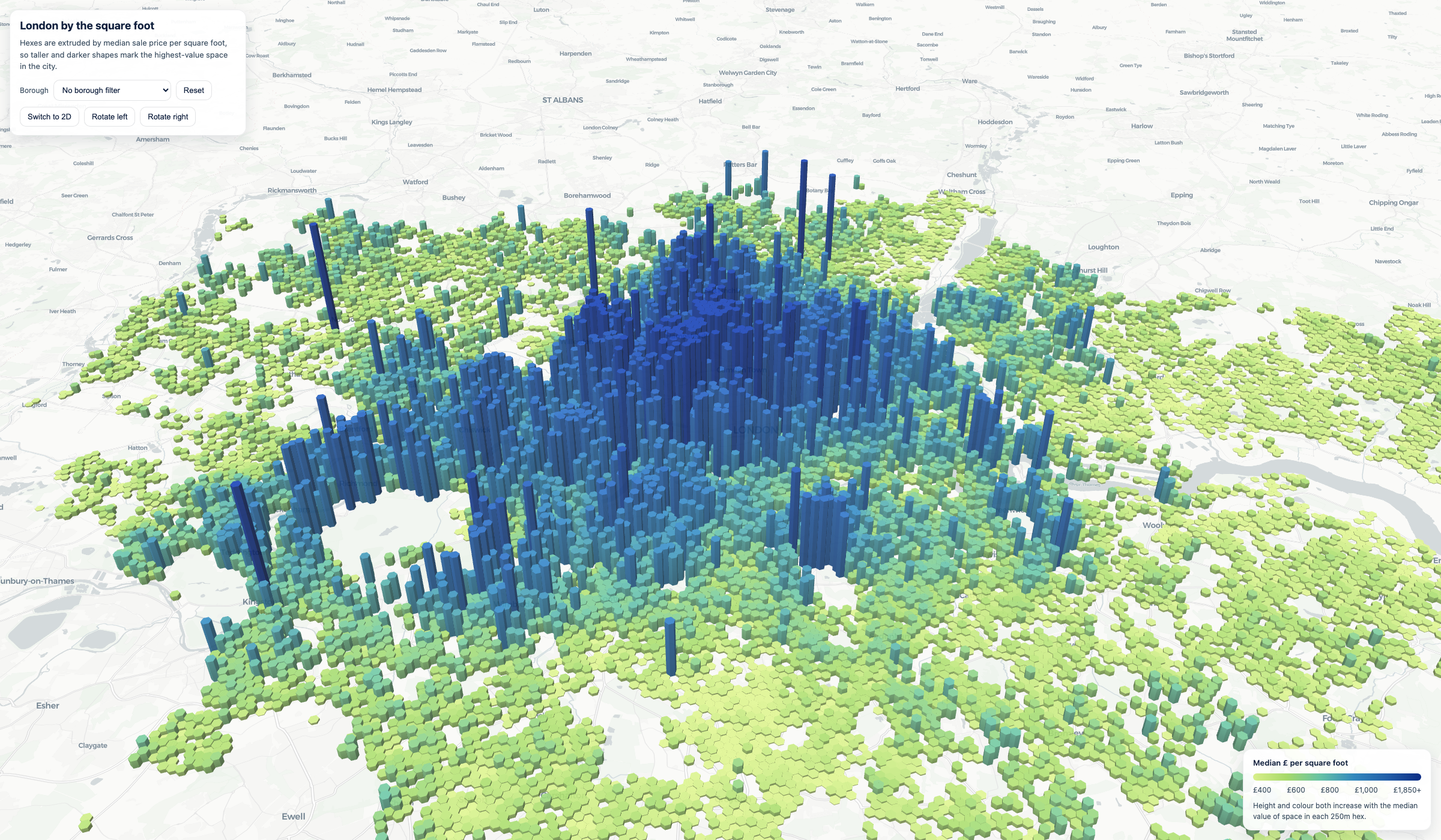 3D hex map of London with hexes extruded by median price per square foot.