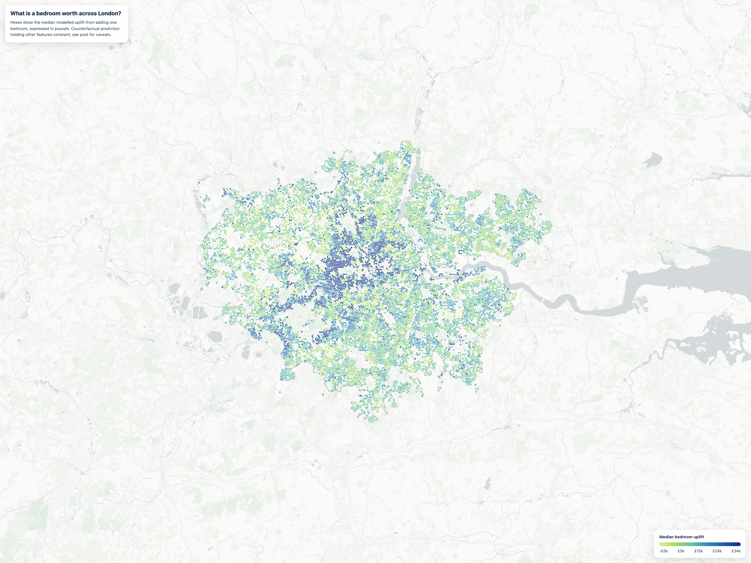 Median modelled £ uplift from adding one bedroom across London. Prime central west is the darkest area; outer London is consistently lighter.
