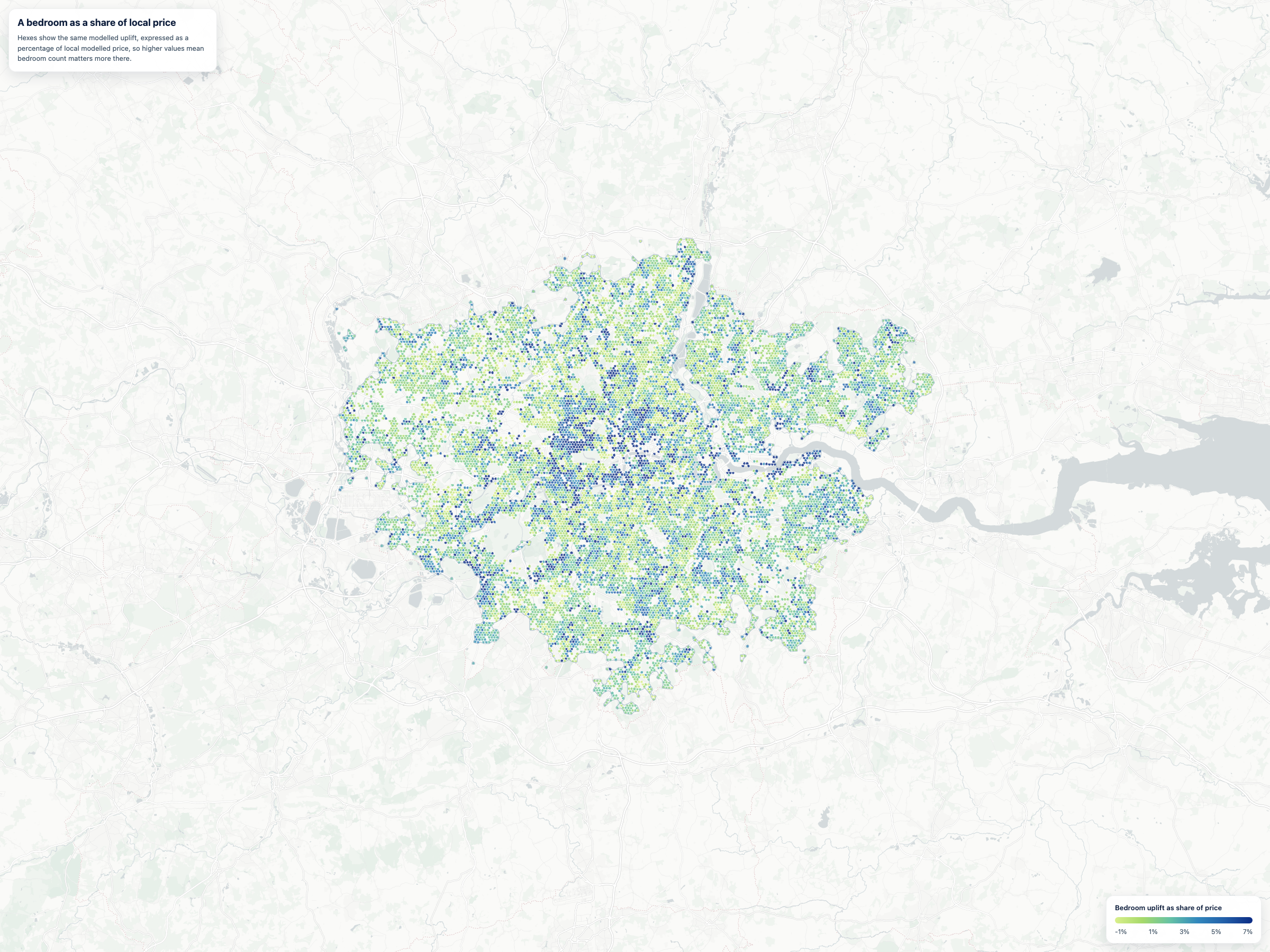 Modelled bedroom uplift expressed as a percentage of local price. Prime central west is still darker than outer areas, but the gap is narrower than in the absolute view.