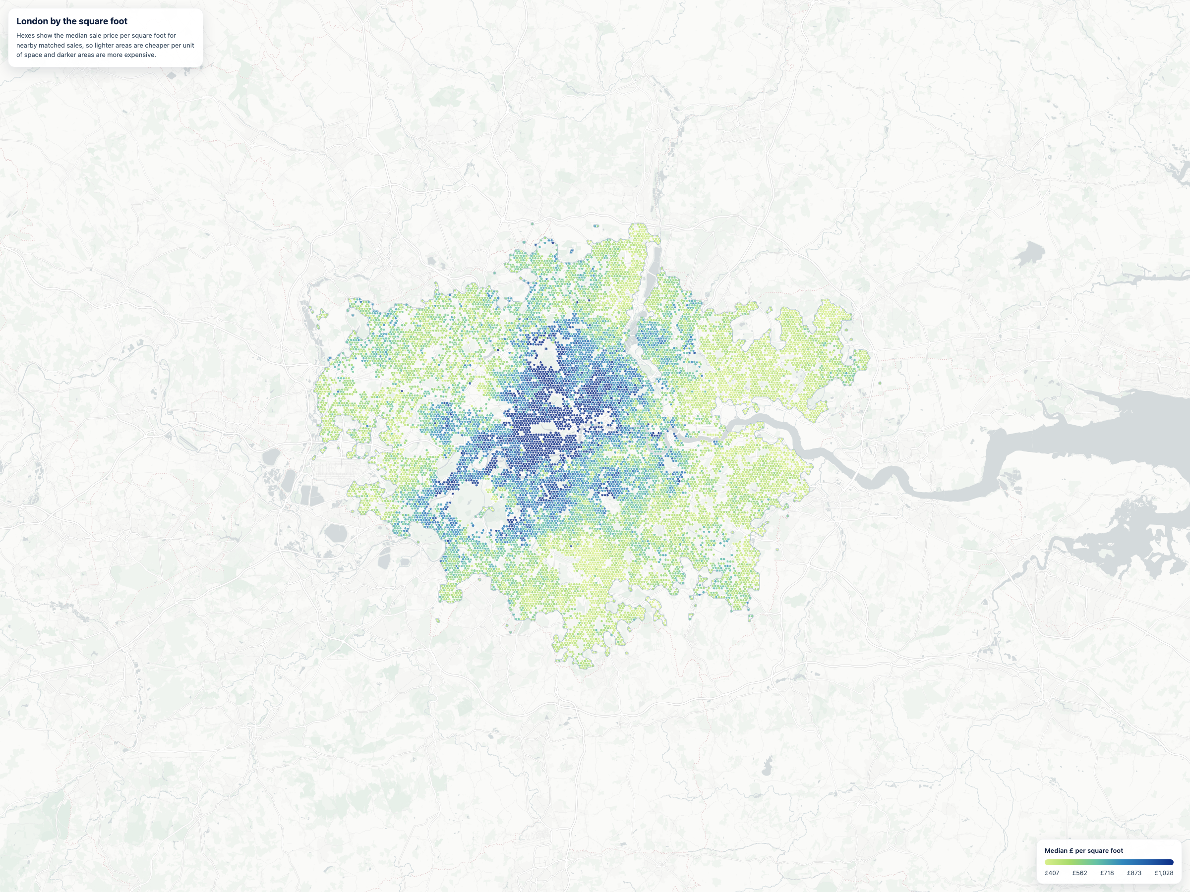 Median price per square foot across London. The darkest hexes form a central-west bullseye covering Mayfair, Knightsbridge, Belgravia, Chelsea, and Notting Hill, with a secondary cluster around Hampstead and Highgate.