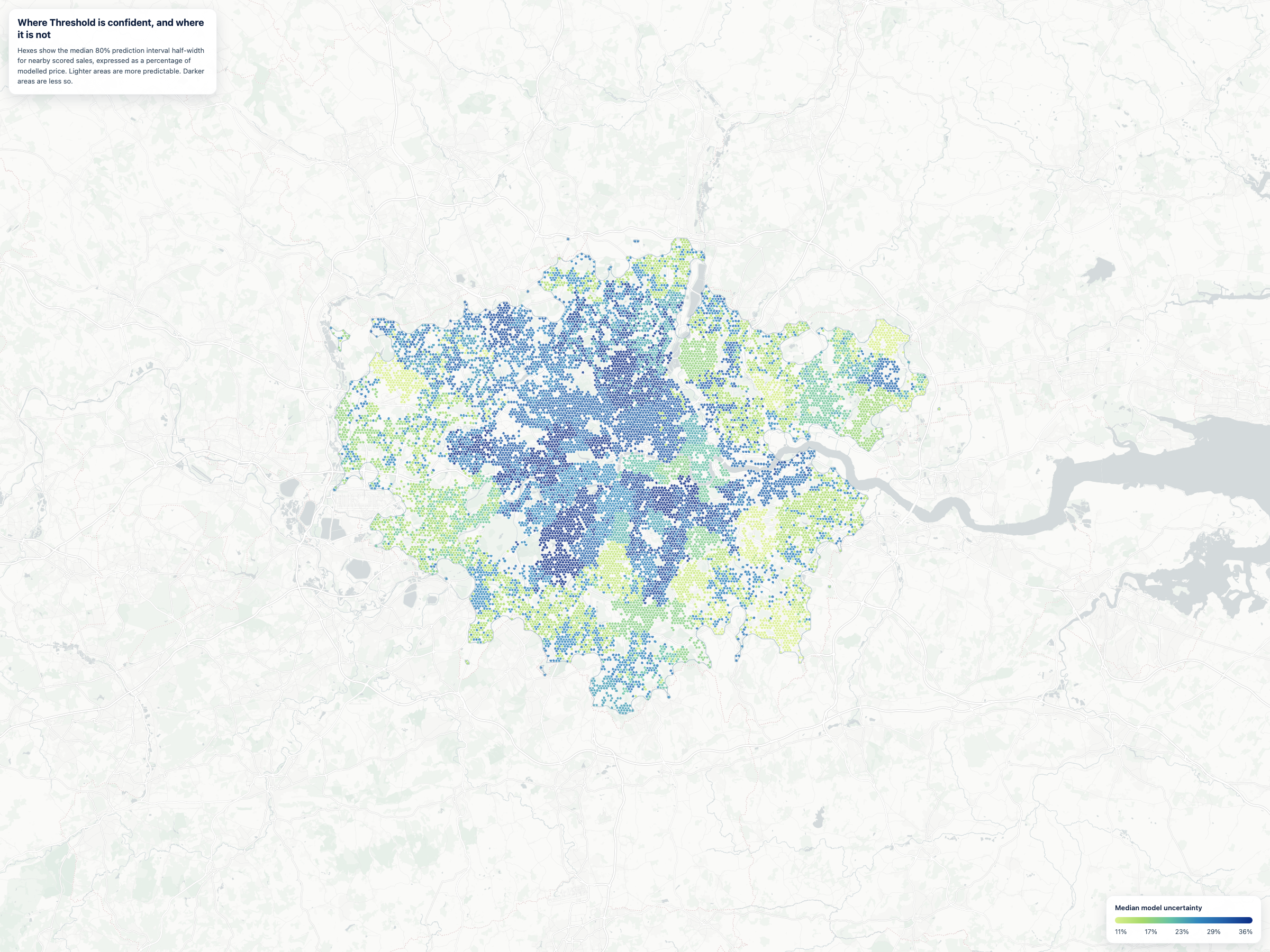 Median model uncertainty across London, shown as a percentage of modelled price. The darkest band runs through prime central west, including Hampstead, St John's Wood, Maida Vale, Notting Hill, and Belgravia. Outer suburbs are calmly predictable.