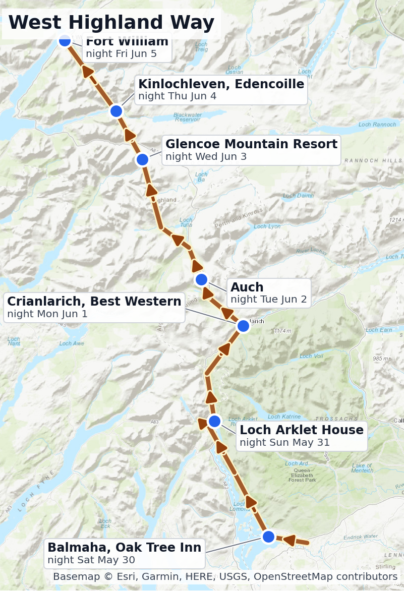 Map of the West Highland Way route from Balmaha to Fort William, with overnight stops labelled.