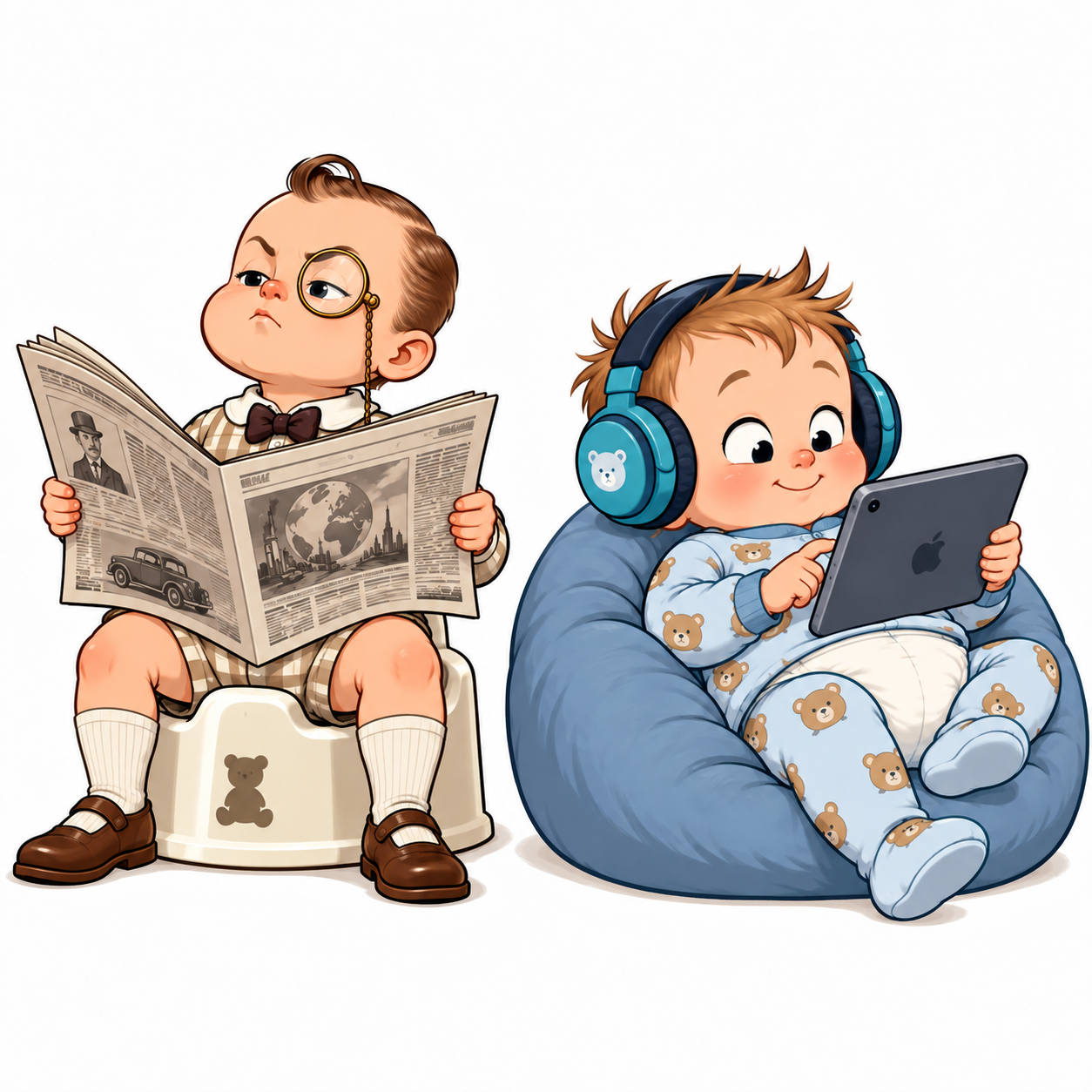 A child in old-fashioned clothes reads a newspaper on a potty beside a child wearing a nappy and headphones using a tablet.