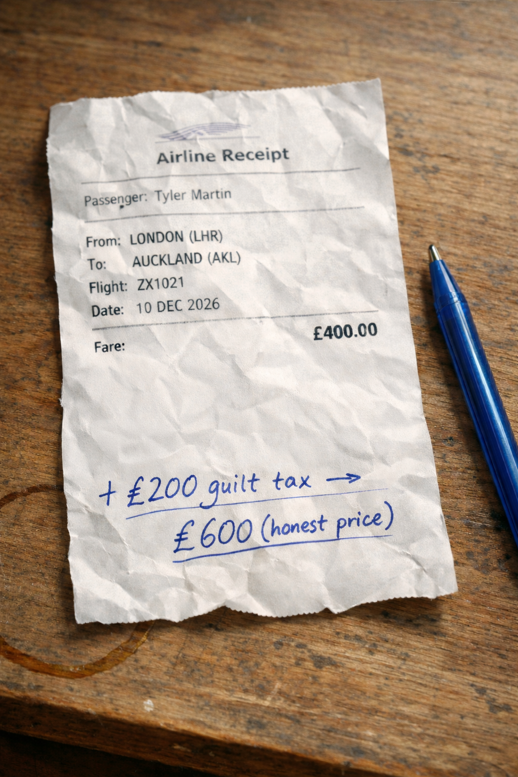 A printed receipt photographed up close.
