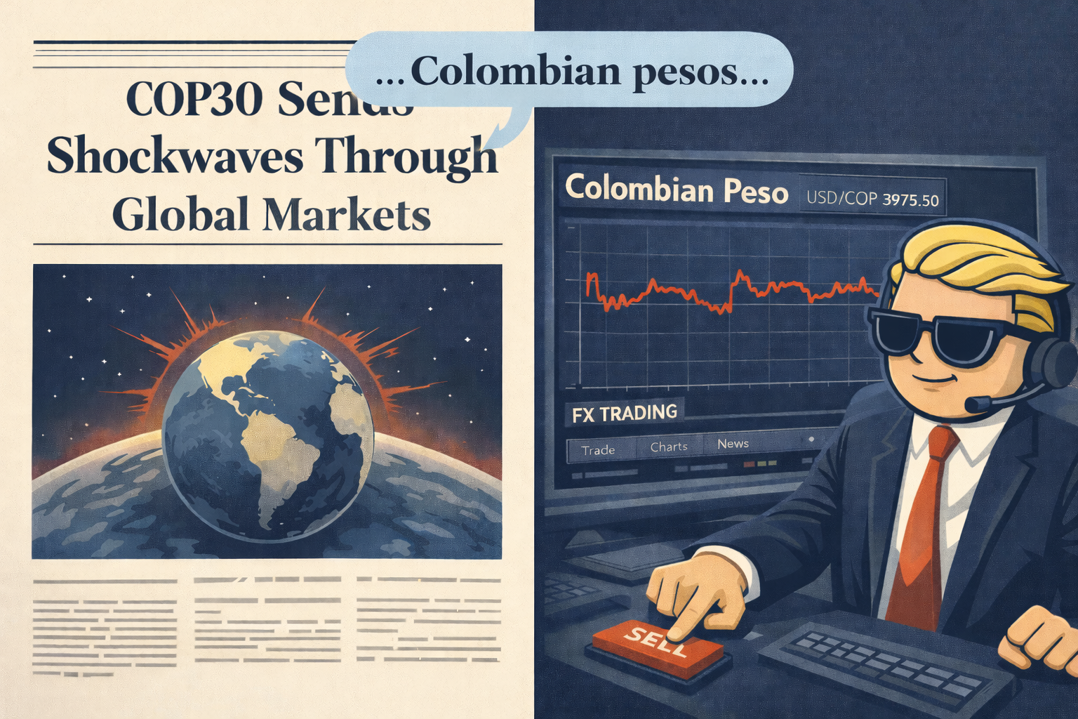 A stylized newspaper front page about COP30 beside a trading terminal misreading COP as Colombian pesos.